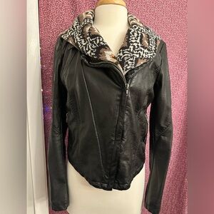 Free People Black Leather Jacket with Patterned Collar